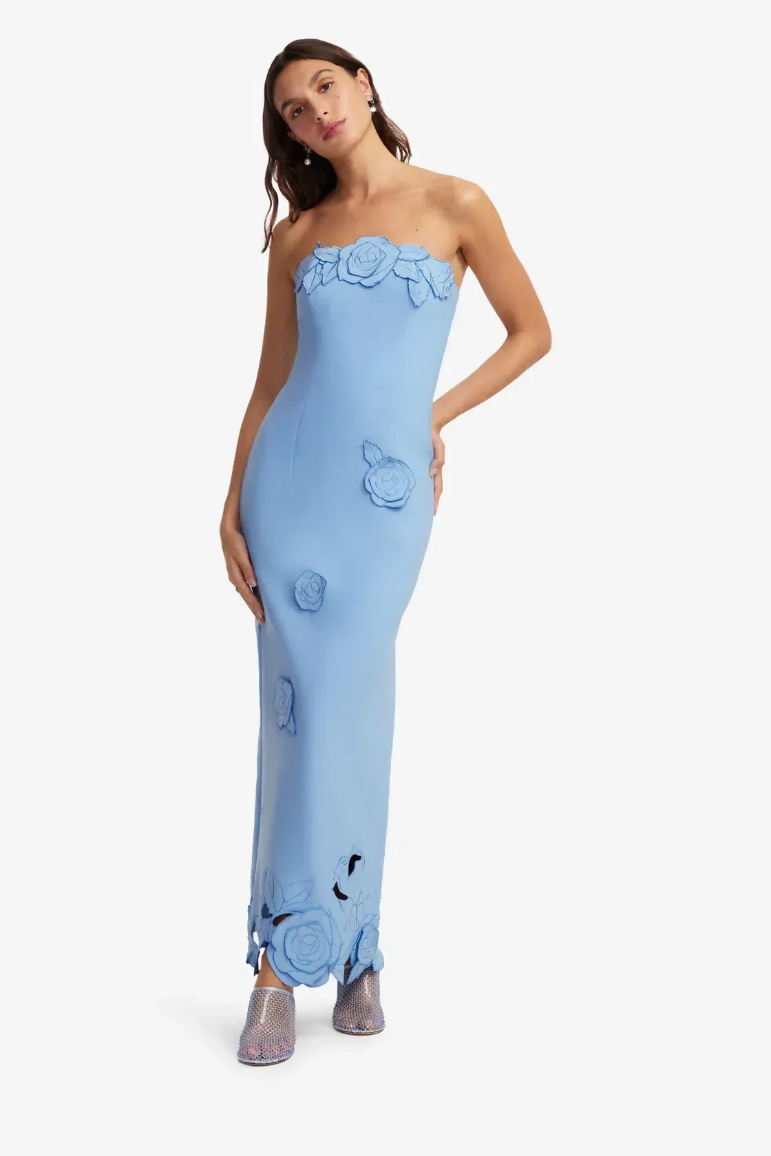 Leo Lin Applique Bustier Maxi Dress in Pastel Blue – designer dress hire