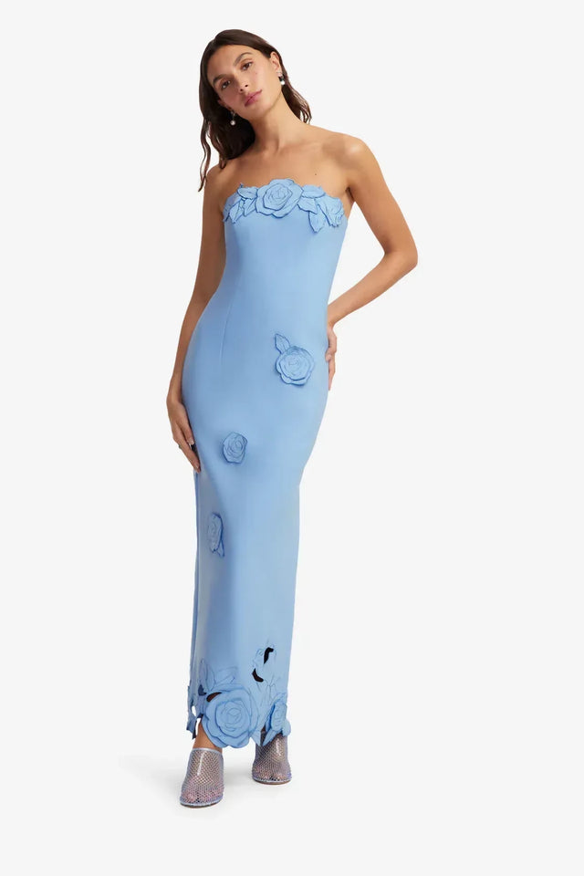 Leo Lin Applique Bustier Maxi Dress in Pastel Blue