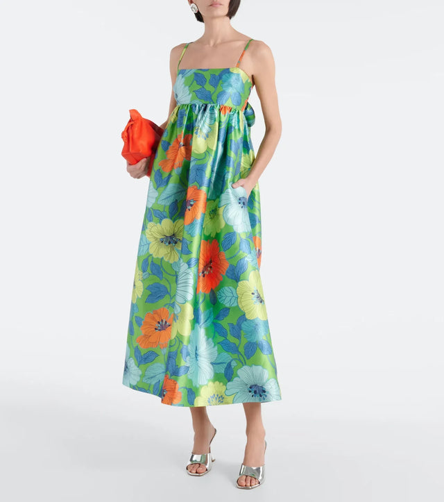 Alemais Calypso Floral Satin Midi Dress Green Blue Flower Print