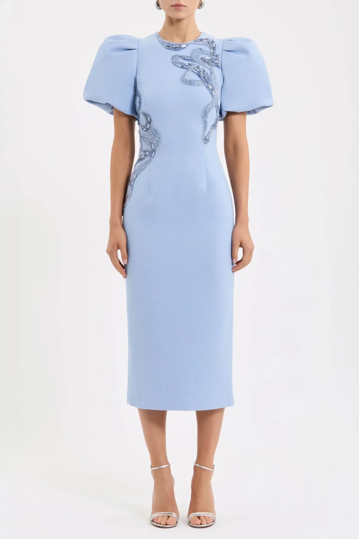 Rebecca Vallance Aylin Puff Sleeve Midi Dress – designer dress hire