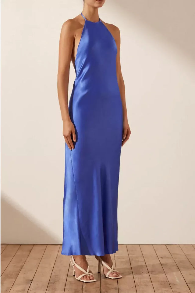 Shona Joy Oliviera Low Back Halter Neck Midi Dress Strong Blue