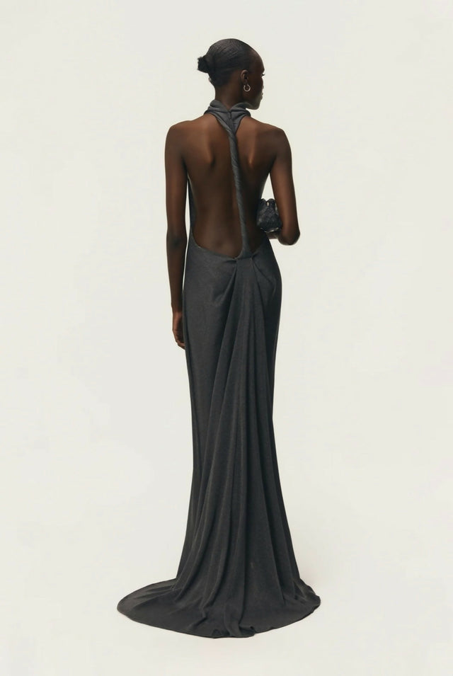 Arcina Ori Romy Dress with Train in Chrome Metallic