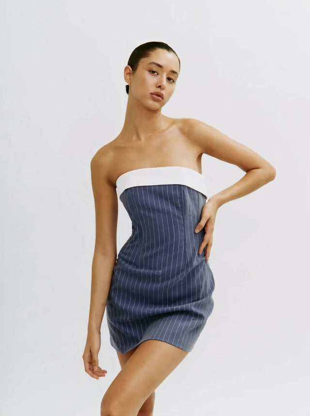 With Jéan Chloe Corset Mini Dress Pinstripe Blue