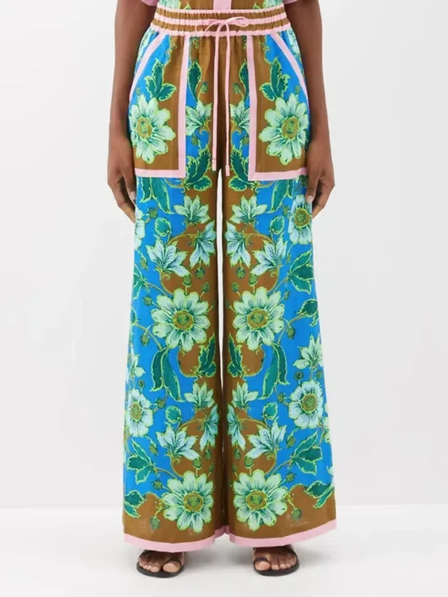 Alemais Winnie Floral Spliced Blue Brown Shirt and Pant Two Piece Set Floral