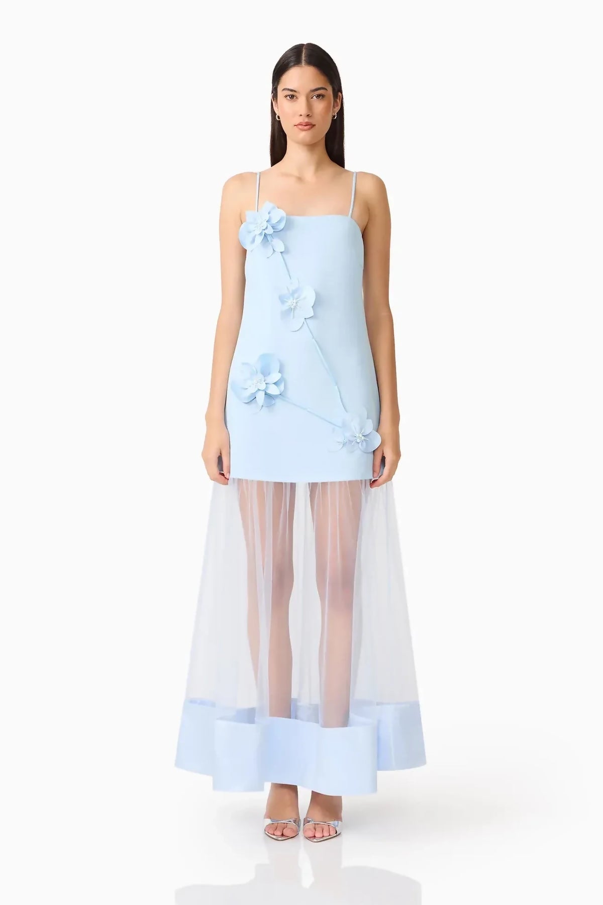 Elliatt Reina Applique Gown in Sky Blue – designer dress hire