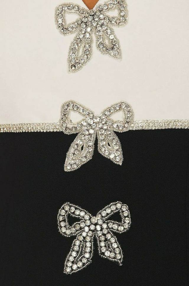 Self-Portrait Crystal Embellished Bow Applique Mini Tube Dress Black/White Size 8