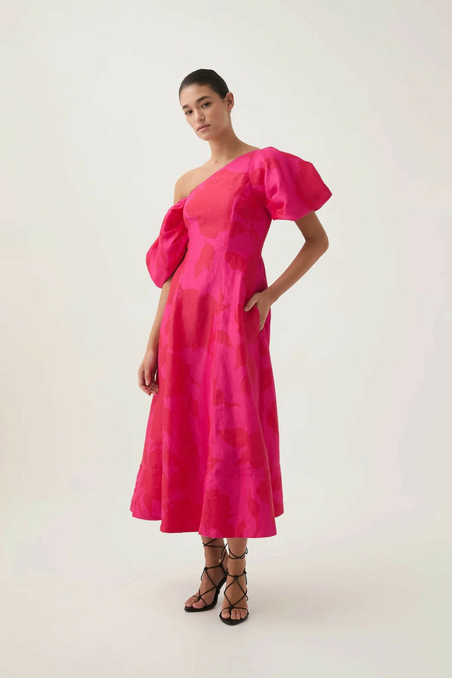 Aje Arista Tulip Sleeve Midi Dress Florescent Rose Pink Size AU 14