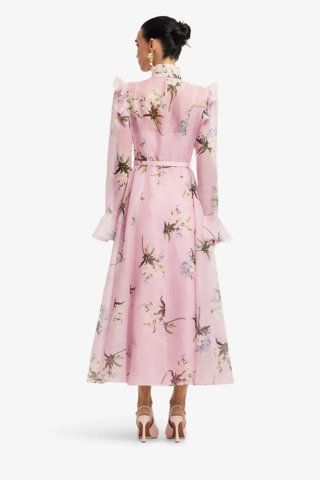 Leo Lin Katrina Butterfly Sleeve Midi Dress Bouquet Print in Pastel Pink