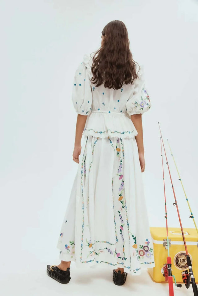 ALEMAIS Willa Embroidered Blouse and Midi Skirt Set White Floral Size 10 AU