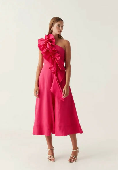 Aje Adelia Ruffle Midi Dress Pink
