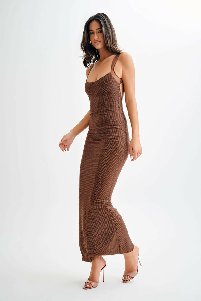 Meshki Jasmyn Hot Fix Maxi Dress Brown Size 8