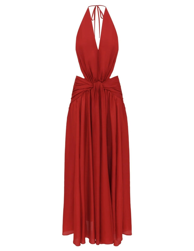 Zimmermann Indra Plunge Halter Maxi Dress in Raspberry