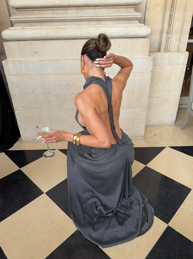 Arcina Ori Romy Dress with Train in Chrome Metallic