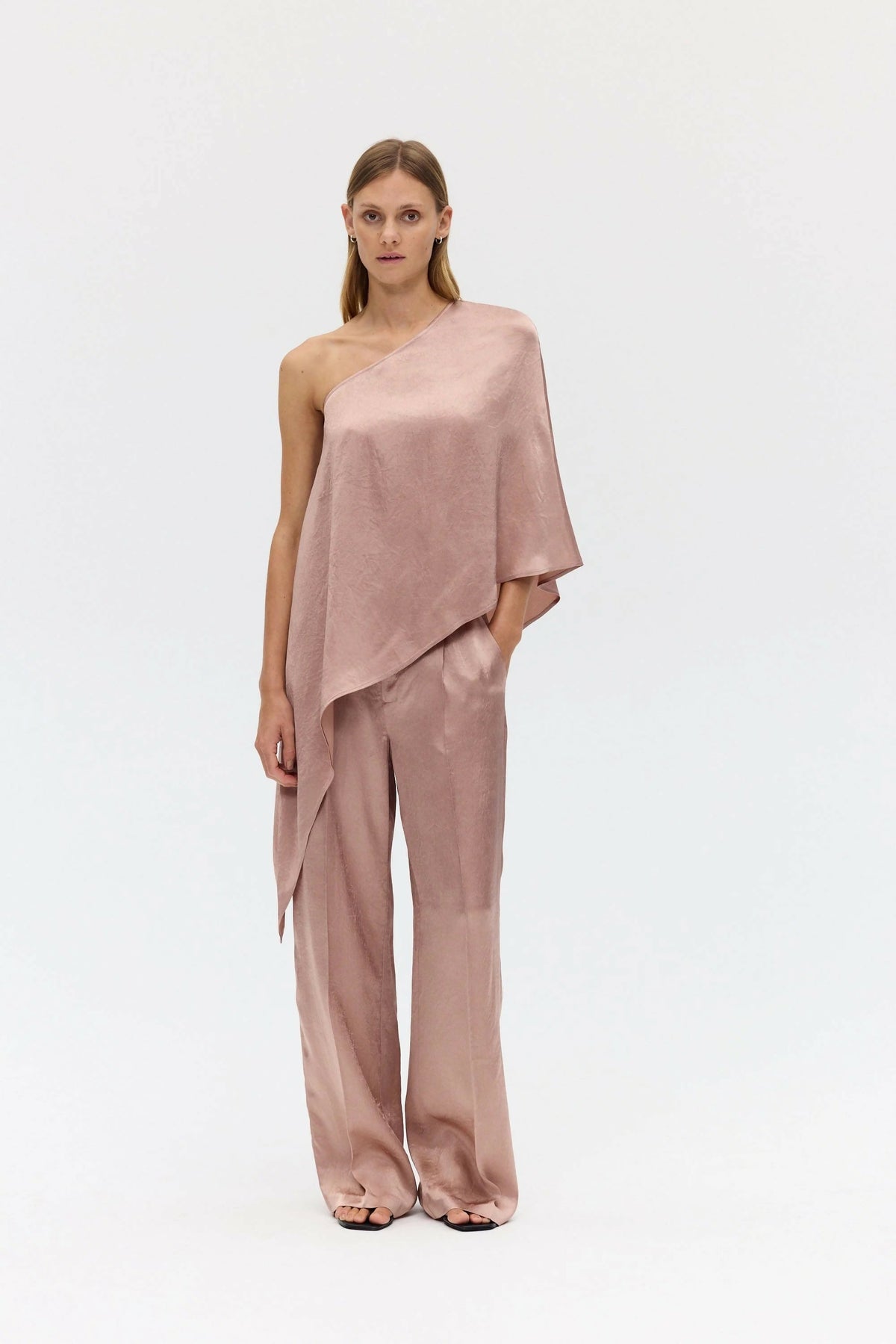 Third Form Crush One Shoulder Cape and Tailored Trouser - Dust – designer dress hire