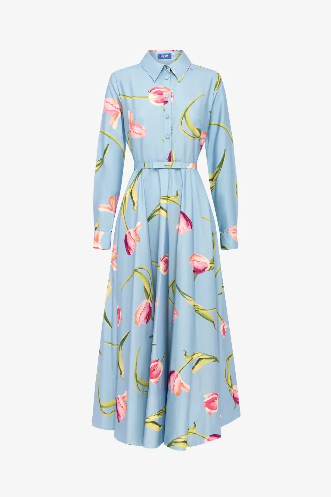 Leo Lin Zara Shirt Midi Dress Tulip Print in Blue – view 2