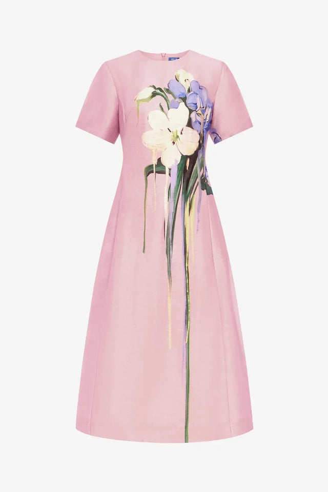 Leo Lin Caroline Short Sleeve Midi Dress Bouquet Print in Pastel Pink