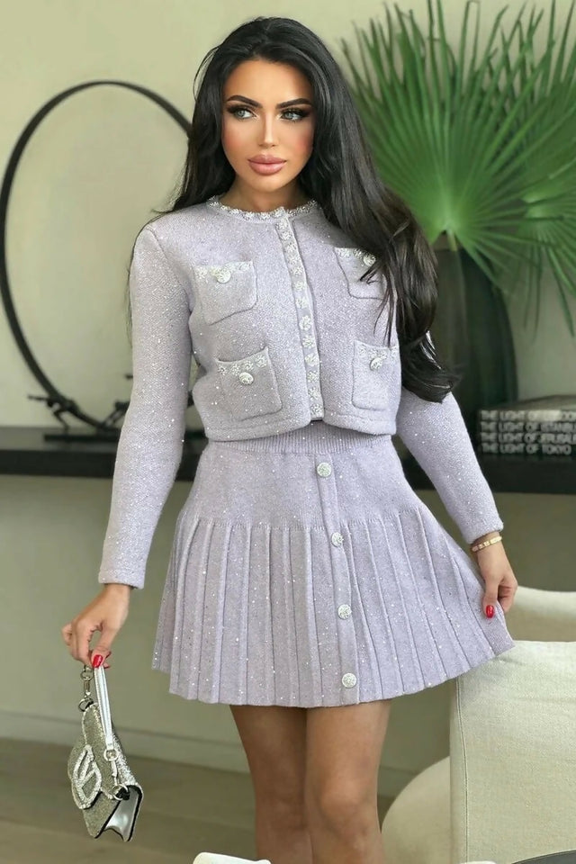 Self Portrait Lilac Sequin Knit Cardigan & Pleated Skirt Set