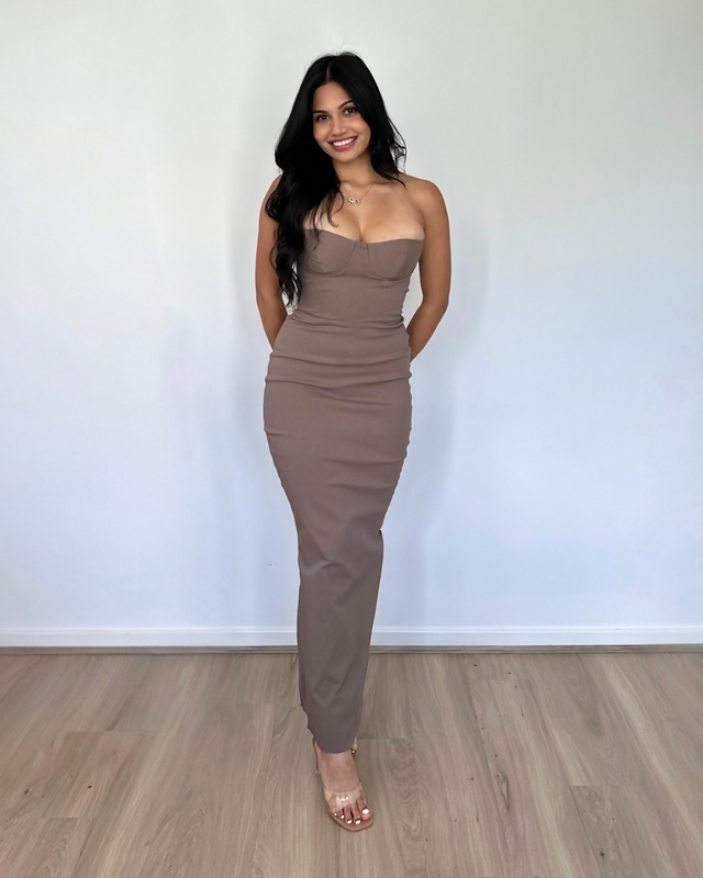 House of CB Lucia Strapless Corset Maxi Dress Taupe