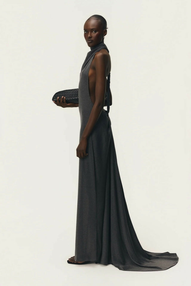 Arcina Ori Romy Dress with Train in Chrome Metallic