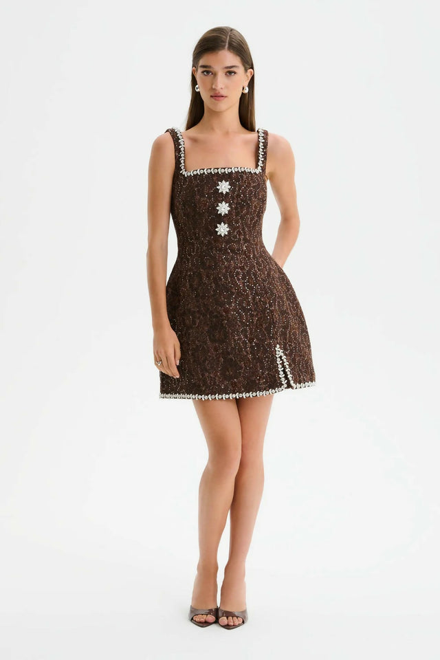 Lavish Alice ZOEY Embellished Lace Boucle Tulip Mini Dress in Chocolate