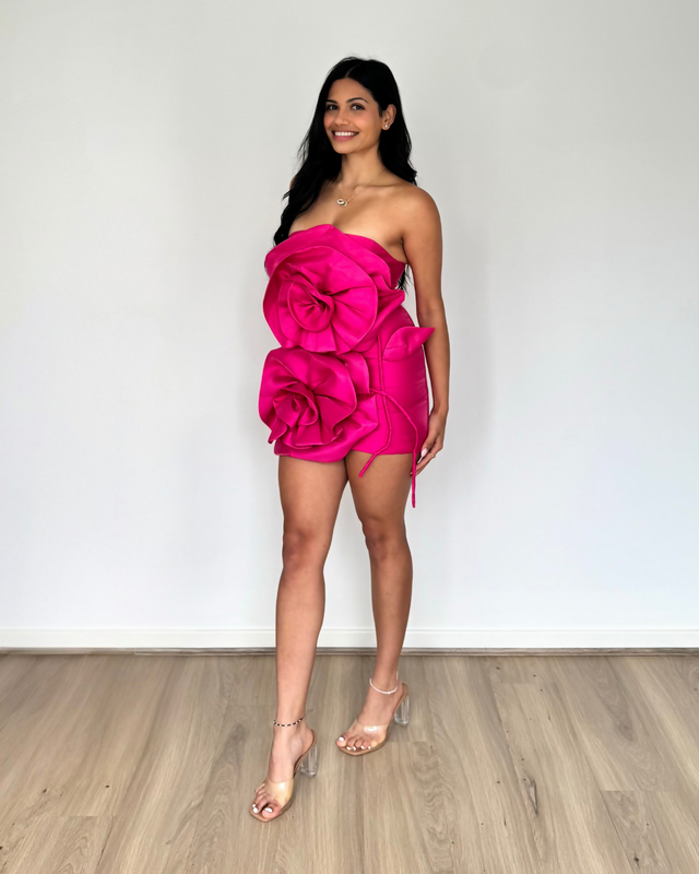 Sierra Darien Voluminous Flower Design Mini Dress Fuchsia