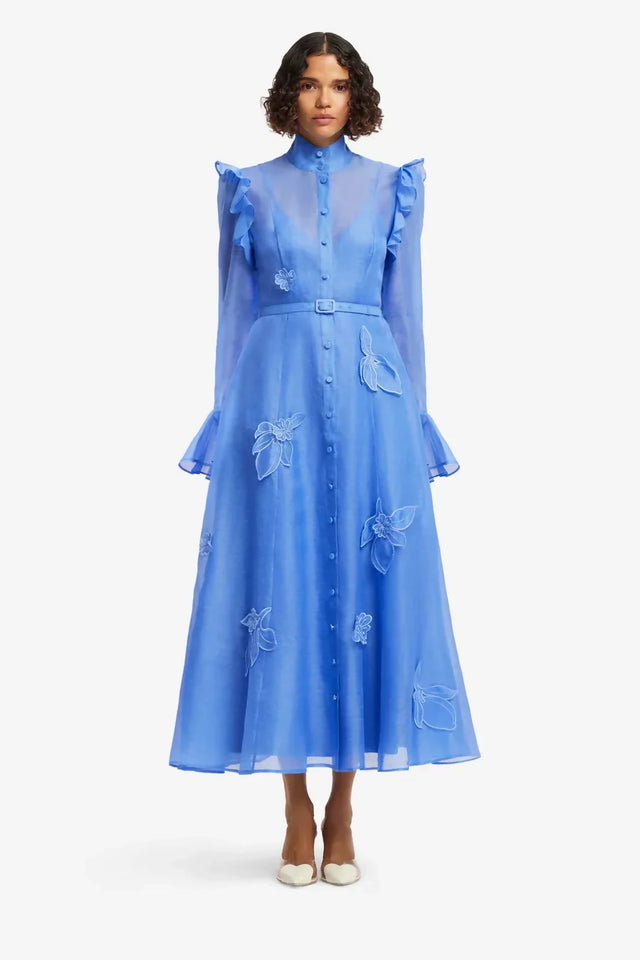 Leo Lin Katrina Appliqué Butterfly Sleeve Midi Dress - Azure