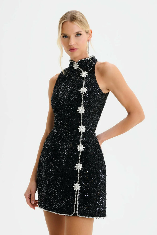 Lavish Alice LYLA Sequin Boucle Tulip Mini Dress with Embellishment in Black