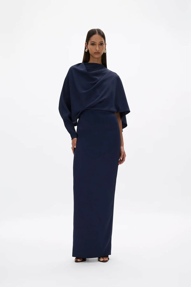 Rachel Gilbert Amaris Maxi Cape Gown in Navy