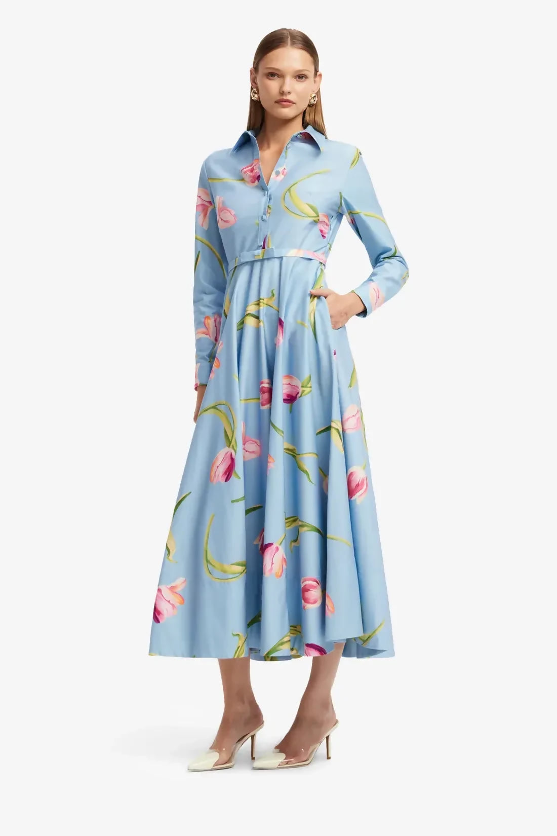 Leo Lin Zara Shirt Midi Dress Tulip Print in Blue – designer dress hire