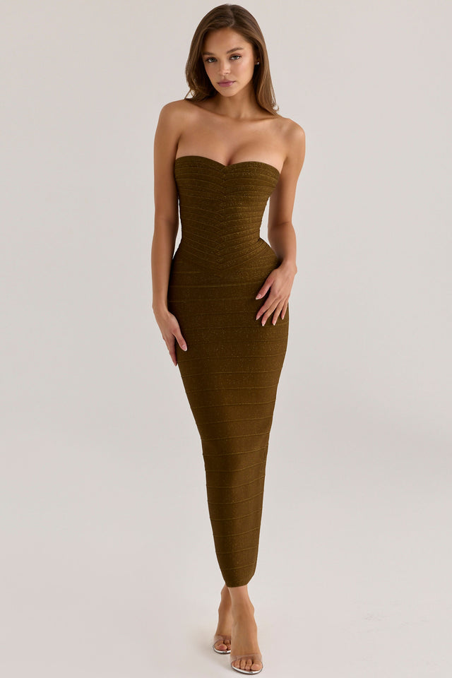 House Of CB Olive Shimmer Strapless V Waist Bandage Maxi Dress
