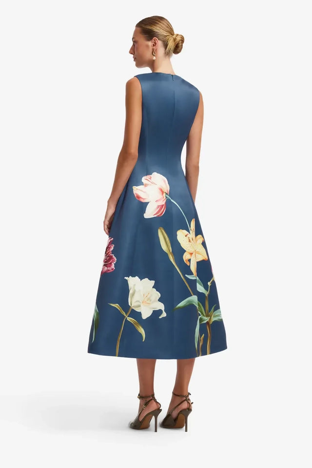 Leo Lin Cleo Embroidered Sleeveless Midi Dress - Lily Print in Indigo