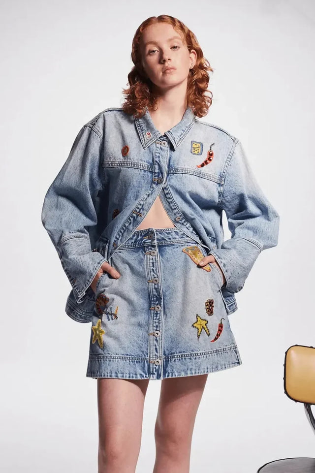 Alemais Jackpot Denim Jacket Size AU 8 and Mini Skirt