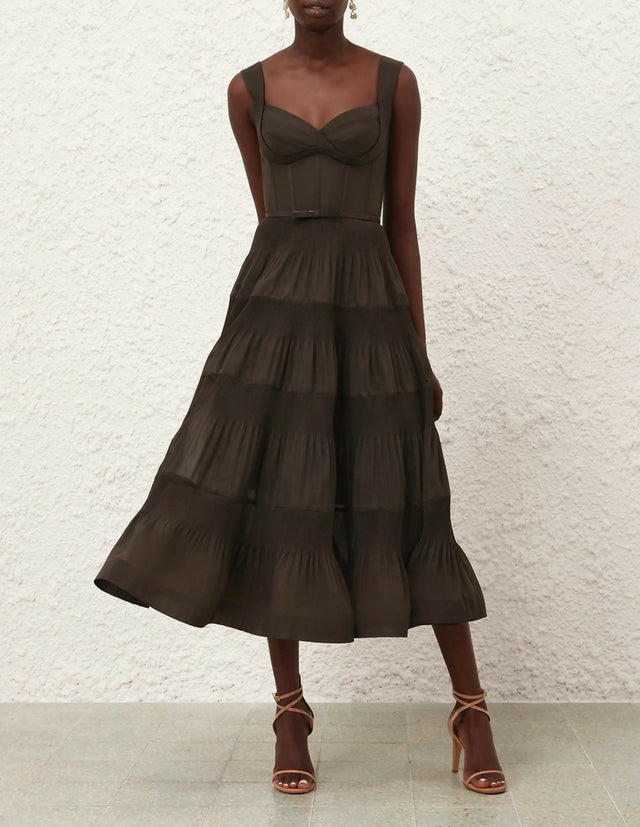 Zimmermann Pleated Draped Midi Dress in Olive
