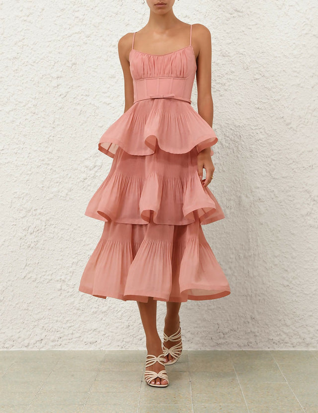 Zimmermann Pleated Tiered Midi Dress Dusty Pink Hire
