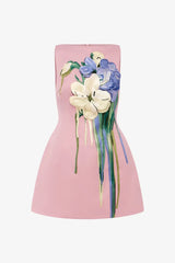 Leo Lin Ali Embroidered Boat Neck Mini Dress Bouquet Print in Pastel Pink view 2