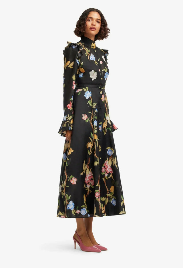 Leo Lin Katrina Butterfly Sleeve Midi Dress in Lemon Vine Print in Ebony