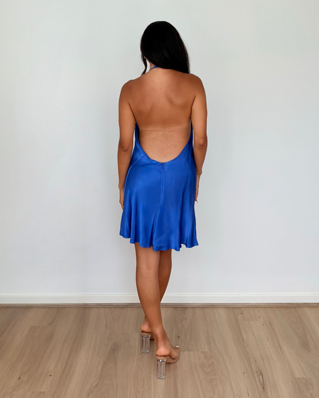 Shona Joy Oliviera Low Back Halter Neck Mini Dress Strong Blue