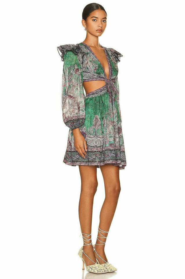 Zimmermann Anneke Ruffle Mini Dress Teal Paisley