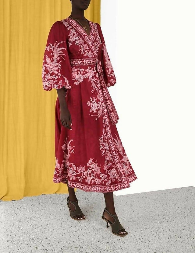 Zimmermann Tiggy Wrap Midi Dress in Rhubarb Bird