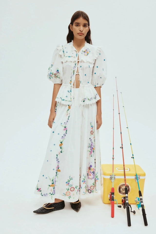 ALEMAIS Willa Embroidered Blouse and Midi Skirt Set White Floral Size 10 AU