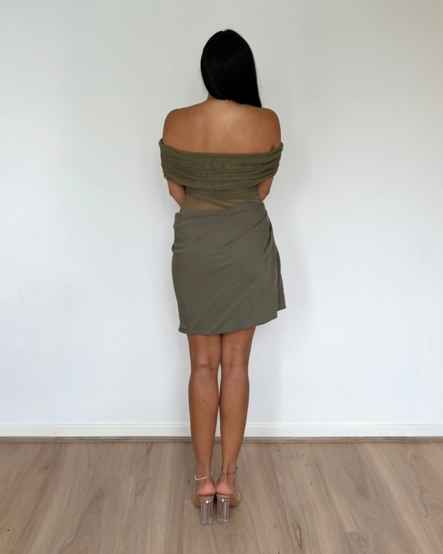 Benni Nico Off Shoulder Mini Dress Khaki