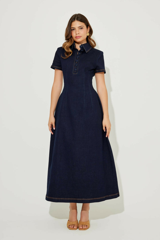 Odd Muse Denim Collared Midi Dress Dark Denim