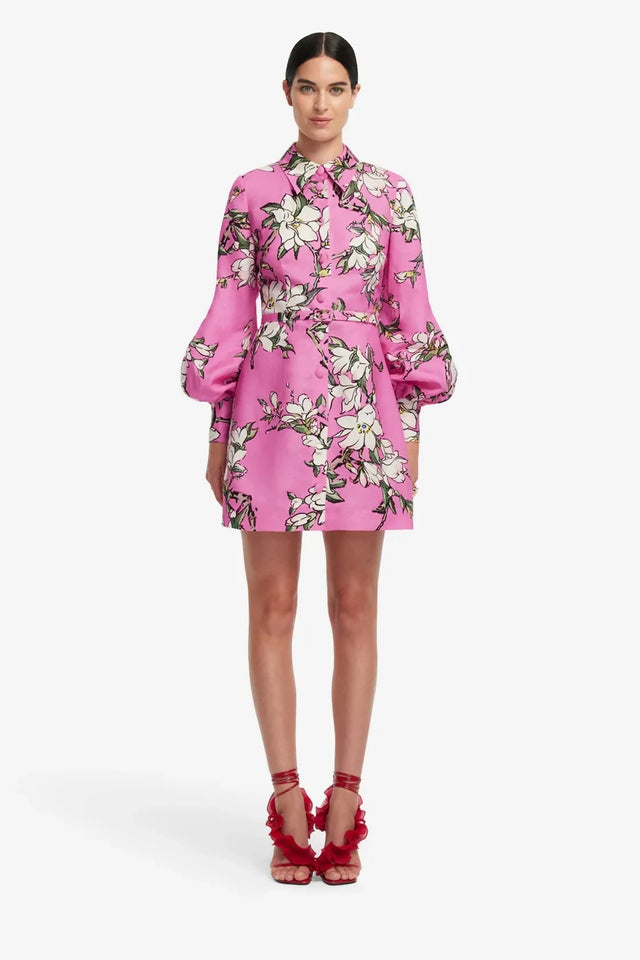 Leo Lin Luminous Linen Mini Dress - Pink Magnolia Print
