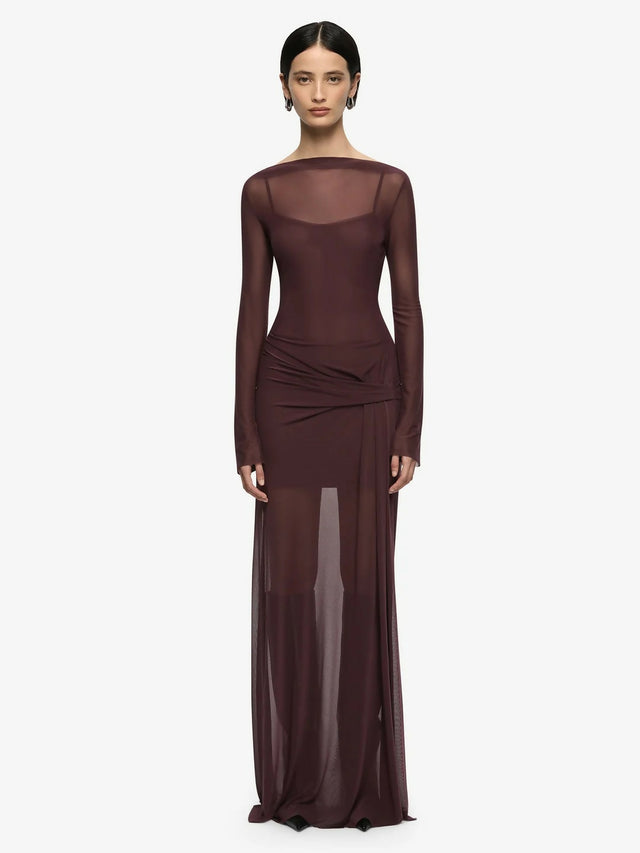 Bec & Bridge Marabou Long Sleeve Maxi Dress in Aubergine