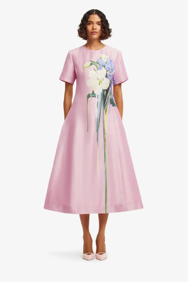Leo Lin Caroline Short Sleeve Midi Dress Bouquet Print in Pastel Pink