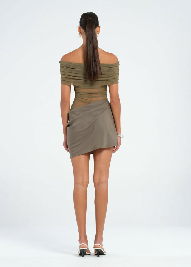 Benni Nico Off Shoulder Mini Dress Khaki
