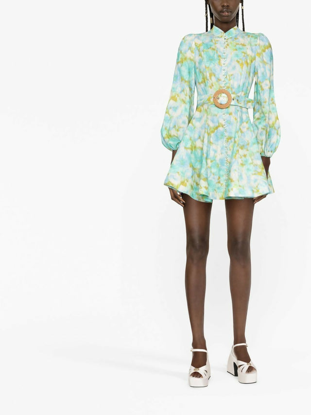 Zimmermann High Tide Buttoned Mini Dress Aqua Floral Ikat Size 1/ AU 10