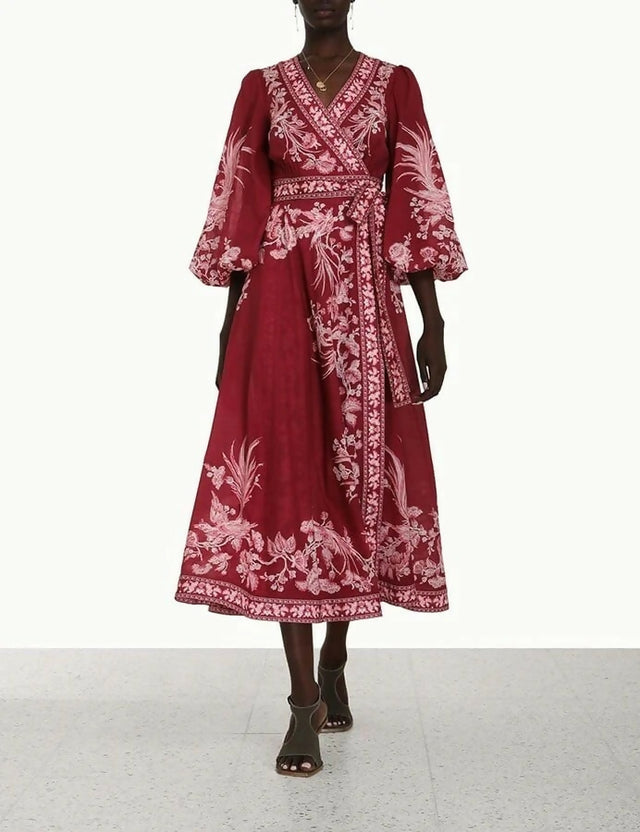 Zimmermann Tiggy Wrap Midi Dress in Rhubarb Bird
