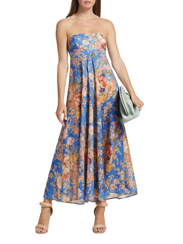 Zimmermann August Bandeau Midi Dress Dusty Blue Floral Size 2/AU 12