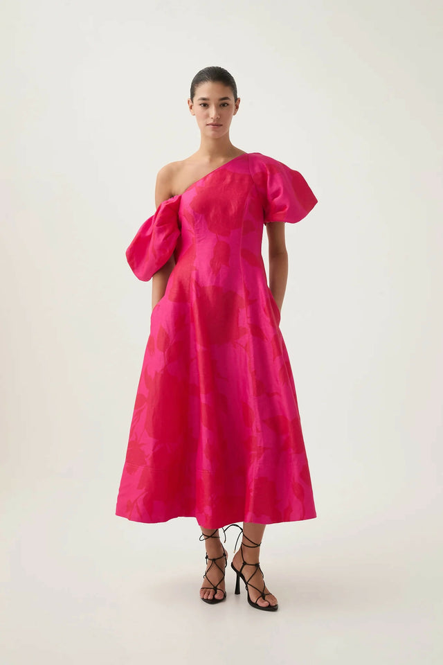 Aje Arista Tulip Sleeve Midi Dress Florescent Rose Pink Size AU 14